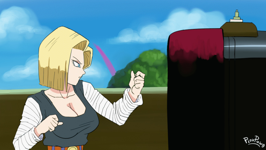 1girl adjusting_hair android_18 animated animated_gif blonde_hair blue_eyes bouncing_breasts breast_slip breasts dragon_ball dragonball_z earrings jewelry nipples no_bra punching short_hair tank_top