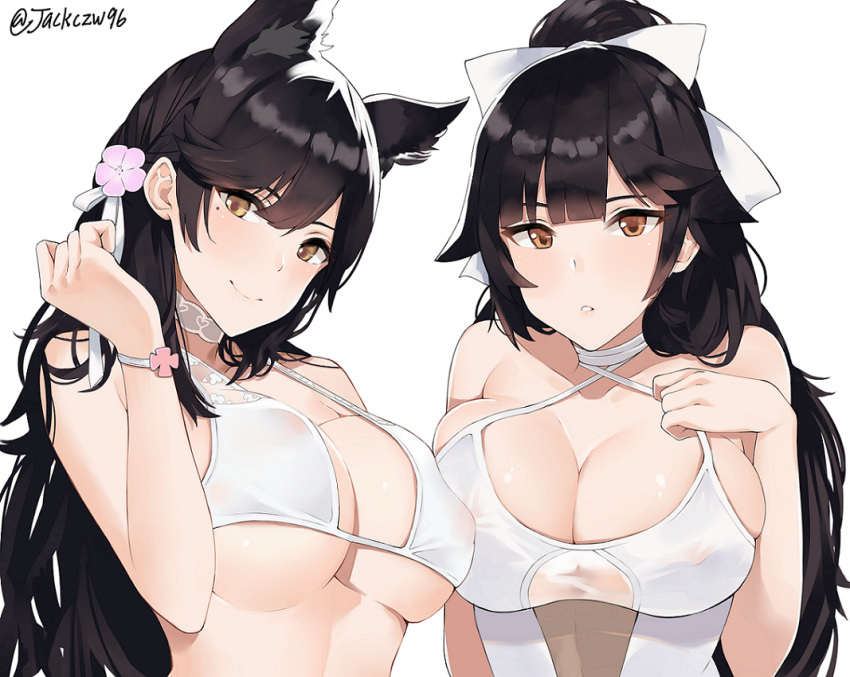 alternate_costume animal_ears asymmetrical_docking atago_(azur_lane) azur_lane bangs bikini black_hair blush bow breast_press breasts brown_eyes closed_mouth commentary_request covered_nipples extra_ears eyebrows_visible_through_hair hair_bow hair_ribbon j@ck large_breasts leaning_forward long_hair looking_at_viewer mole mole_under_eye multiple_girls one-piece_swimsuit parted_lips ponytail ribbon simple_background skindentation smile swept_bangs swimsuit takao_(azur_lane) twitter_username upper_body very_long_hair white_background white_bikini white_bow white_ribbon white_swimsuit wristband