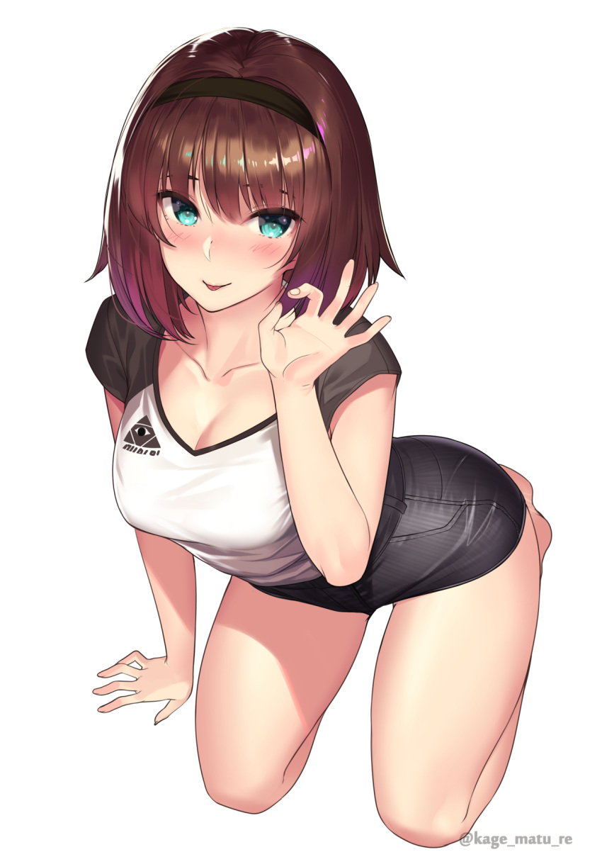 arm_support artist_name bangs bare_legs barefoot black_hairband black_shorts black_sleeves blue_eyes blush breasts brown_hair cleavage collarbone denim denim_shorts full_body hairband hand_gesture highres kagematsuri looking_at_viewer medium_breasts original raglan_sleeves seiza shiny shiny_hair shirt short_hair short_shorts short_sleeves shorts simple_background sitting solo t-shirt tongue tongue_out twitter_username white_background white_shirt