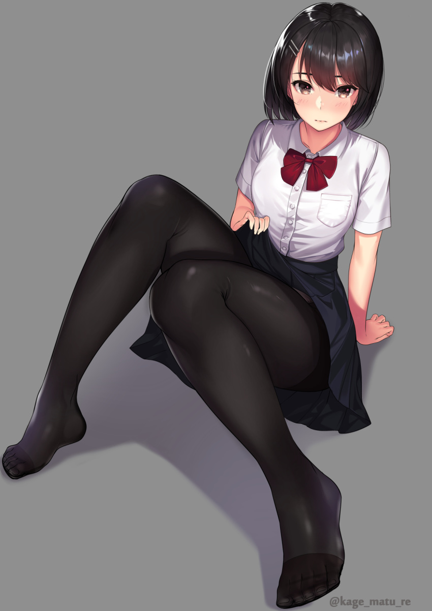 3: arm_support artist_name bangs black_hair black_legwear blouse blue_skirt blush bow bowtie brown_eyes buttons closed_mouth full_body grey_background hair_ornament hairclip highres kagematsuri knees_up legs lifted_by_self looking_at_viewer no_shoes original pantyhose pleated_skirt red_bow school_uniform shadow shiny shiny_skin short_hair short_sleeves simple_background sitting skirt skirt_lift solo twitter_username white_blouse