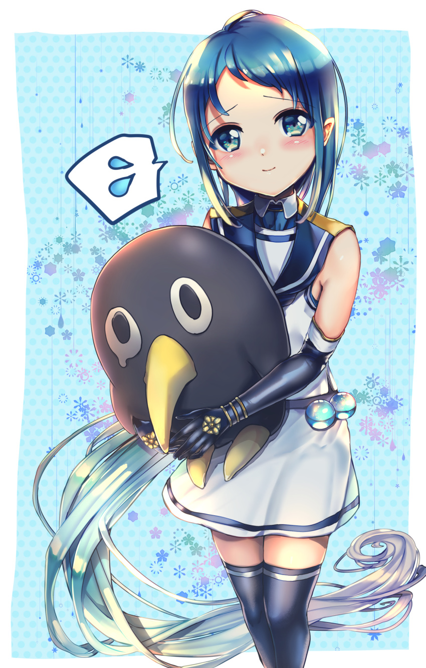 absurdres banned_artist black_gloves black_legwear blue_eyes blue_hair commentary_request elbow_gloves failure_penguin gloves gradient_hair highres holding kantai_collection long_hair multicolored_hair poko_(mammypoko) samidare_(kantai_collection) school_uniform serafuku sleeveless solo spoken_flying_sweatdrops tareme thighhighs very_long_hair zettai_ryouiki