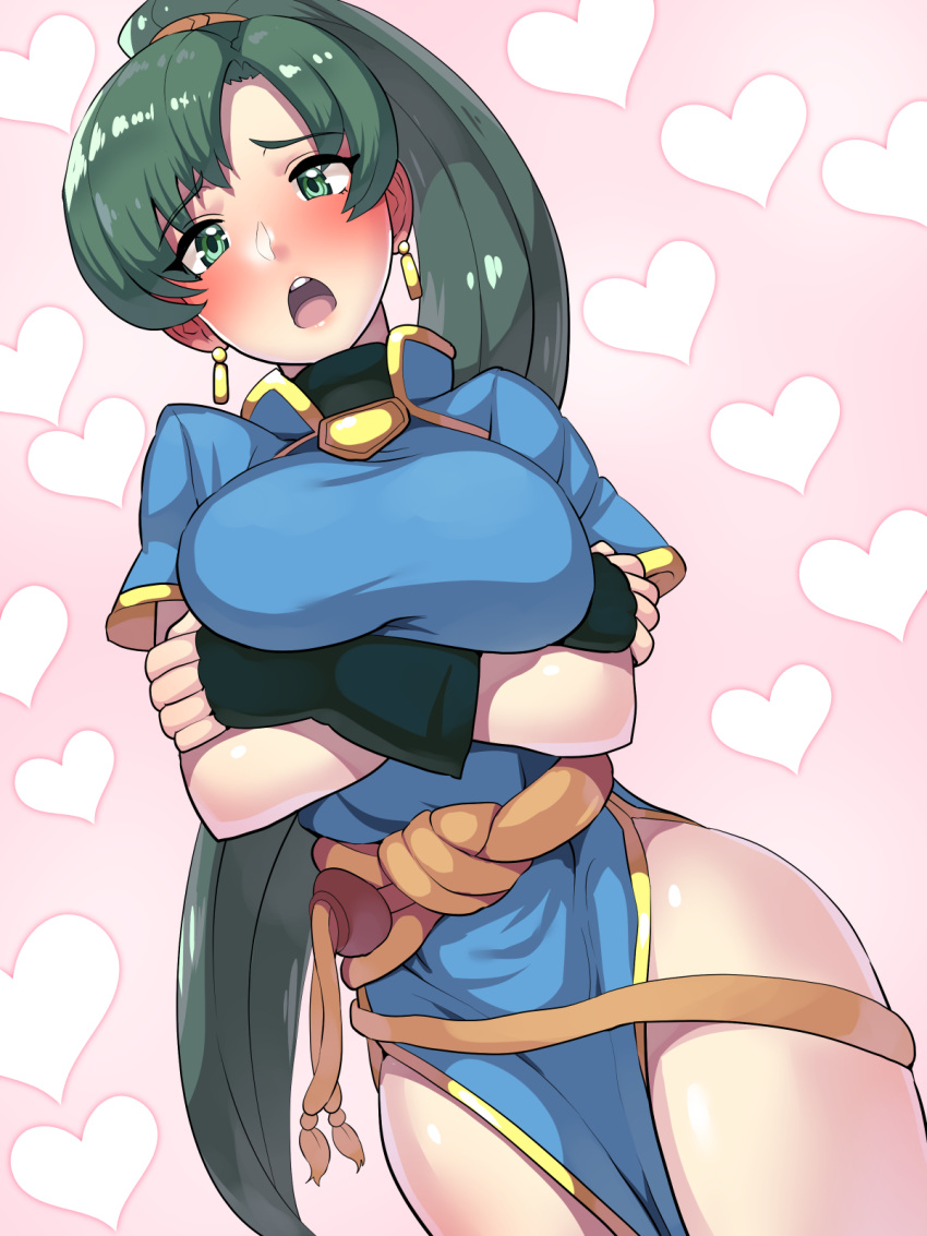 bangs blue_dress blush boris_(noborhys) breast_hold breasts commentary_request crossed_arms dress earrings fingerless_gloves fire_emblem fire_emblem:_rekka_no_ken gloves green_eyes green_hair heart high_ponytail highres hips jewelry large_breasts long_hair looking_at_viewer lyndis_(fire_emblem) open_mouth pelvic_curtain ponytail sash short_sleeves side_slit solo symbol-shaped_pupils thighs very_long_hair