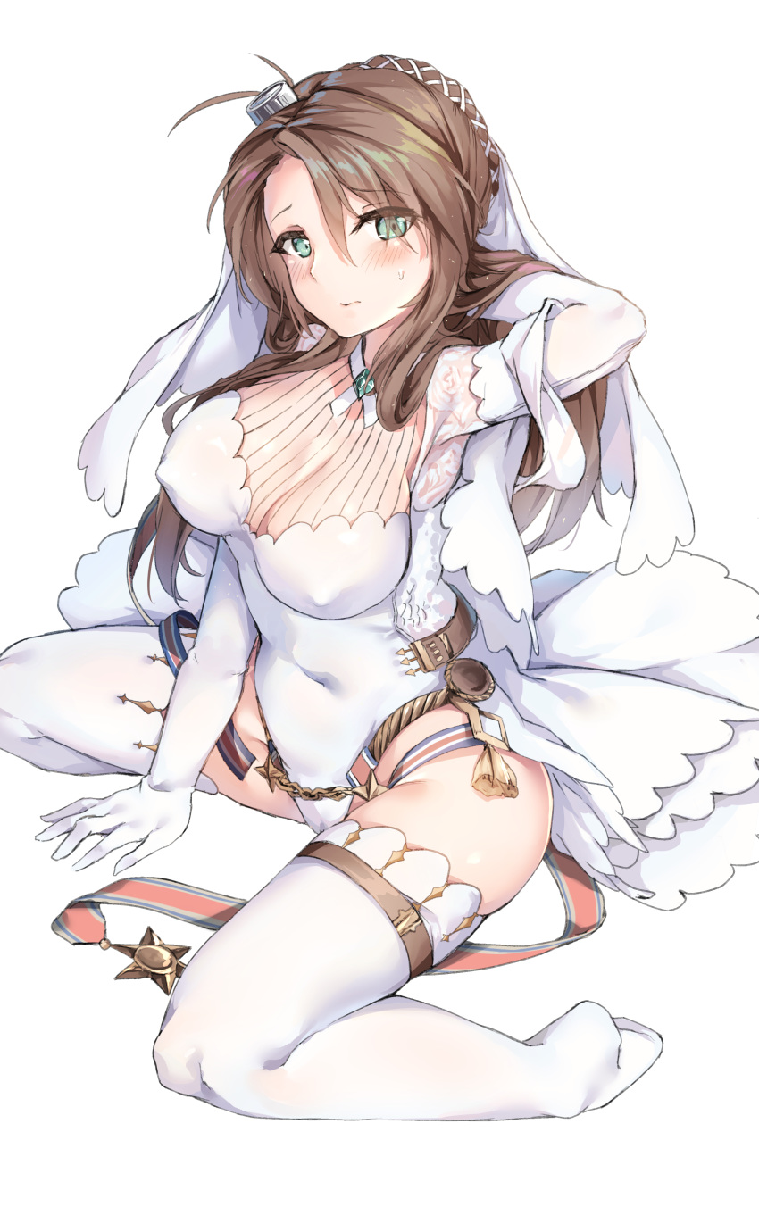 absurdres alternate_costume arm_support arm_up bangs blush braid breasts bridal_veil brown_hair closed_mouth covered_navel covered_nipples crown_braid dress elbow_gloves french_braid girls_frontline gloves green_eyes hair_ornament hand_behind_head hansal highres large_breasts lee-enfield_(girls_frontline) leotard long_hair looking_at_viewer simple_background sitting solo thighhighs thighs uniform veil wariza wedding_dress white_background white_gloves white_legwear white_leotard