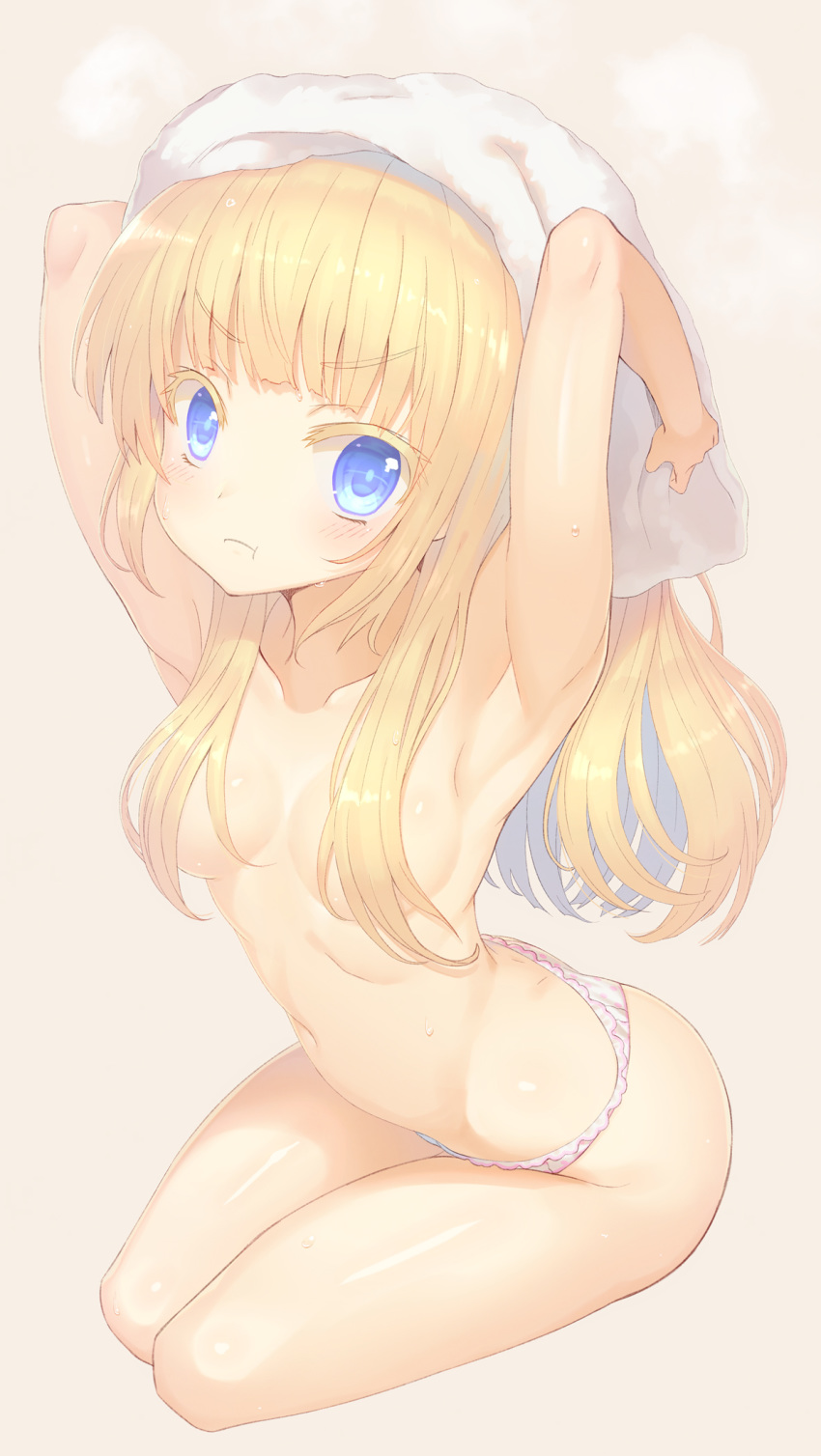 armpits arms_up bangs blonde_hair blue_eyes breasts brown_background collarbone colored_eyelashes commentary_request eyebrows_visible_through_hair hair_censor hair_over_breasts highres kaina_(tsubasakuronikuru) long_hair navel original panties polka_dot polka_dot_panties simple_background small_breasts solo sweat topless towel towel_on_head underwear underwear_only very_long_hair white_panties