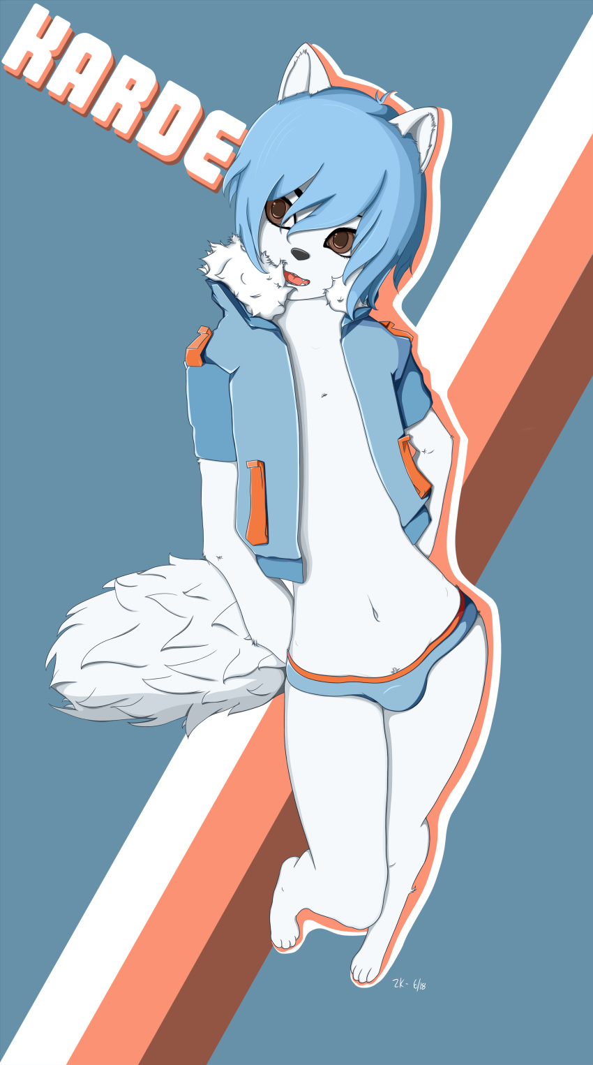 2018 blue_hair brown_eyes bulge canine clothing fluffy fox fur girly hair happy hi_res invalid_color invalid_tag jacket knowone_(artist) looking_away male mammal medium_hair navel open_jacket open_mouth open_smile panties retro signature simple_background smile solo teeth underwear white_fur