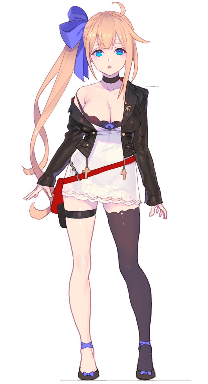 ahoge arms_at_sides black_bra black_legwear blue_eyes bow bra breasts cleavage cropped_jacket dress fal_(girls_frontline) full_body girls_frontline hair_bow hair_ribbon highres jacket large_breasts light_brown_hair lips long_hair long_sleeves looking_at_viewer nagisa_kurousagi off_shoulder open_clothes open_jacket parted_lips ribbon short_dress side_ponytail sidelocks single_thighhigh solo standing strap_slip thigh_strap thighhighs underwear very_long_hair white_dress