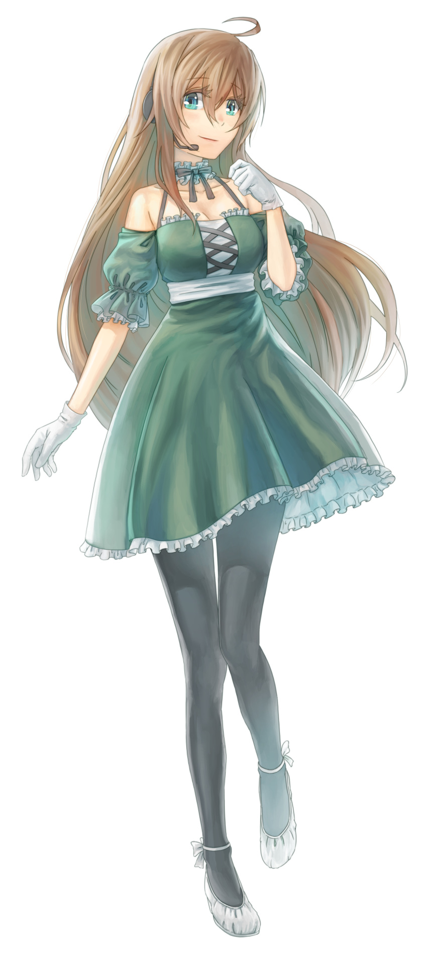 633b absurdres ahoge ballet_slippers bare_shoulders black_bow black_legwear bow breasts brown_hair cleavage dress frilled_dress frills full_body gloves green_dress green_eyes hair_between_eyes hand_up headset highres light_smile long_hair pantyhose shirakane_hisui solo standing transparent_background utau white_gloves