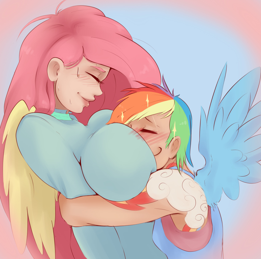 alternate_species big_breasts blue_feathers blush breasts clothed clothing duo eyelashes eyes_closed feathered_wings feathers female fluttershy_(mlp) friendship_is_magic hair hi_res hug humanoid humanoidized mammal multicolored_hair my_little_pony not_furry pink_hair rainbow_dash_(mlp) rainbow_hair simple_background smile sundown_(artist) winged_humanoid wings