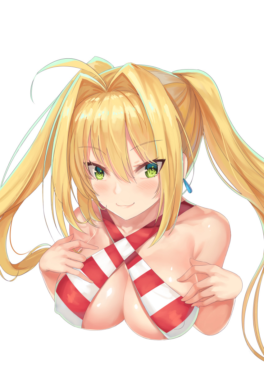 :3 absurdres ahoge bikini_top blonde_hair blush breasts commentary_request criss-cross_halter earrings eyebrows_visible_through_hair fate/grand_order fate_(series) green_eyes halterneck highres jewelry large_breasts long_hair looking_at_viewer md5_mismatch nero_claudius_(fate)_(all) nero_claudius_(swimsuit_caster)_(fate) red_bikini_top simple_background smile solo striped_bikini_top twintails upper_body white_background xiao_miao