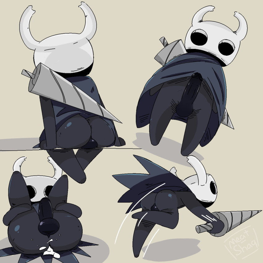arthropod backpack balls bent_over big_penis black_penis butt cloak clothing cum cum_in_ass cum_inside erection holding_legs hollow_knight humanoid_penis insect legs_up male meatshaq penis protagonist_(hollow_knight) running sitting solo weapon