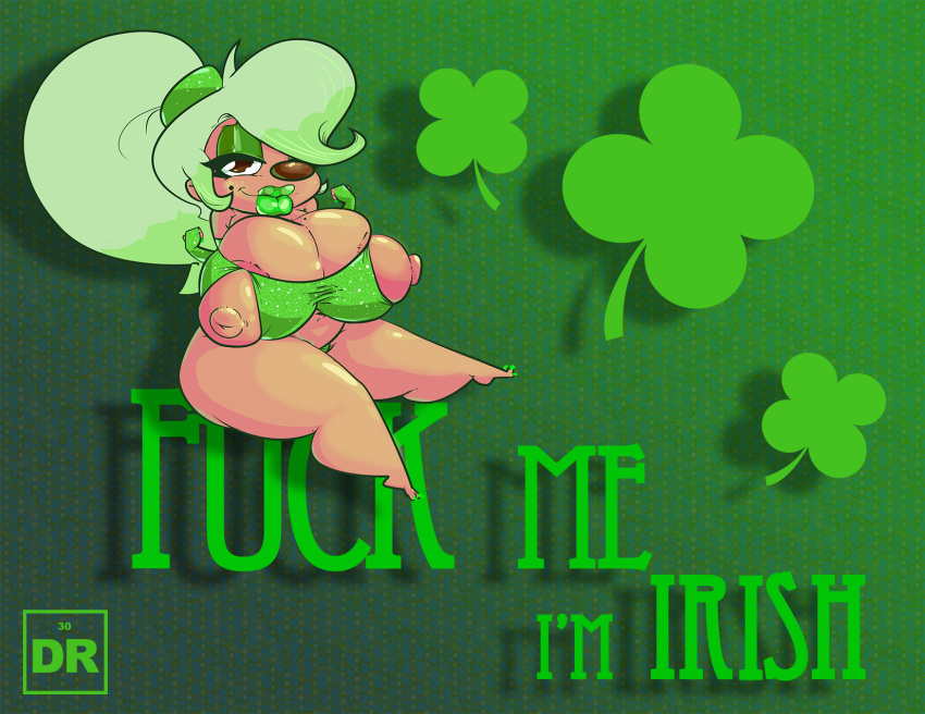 abstract_background anthro big_breasts breasts brown_eyes canine clothing dingoringo30 disney dog english_text female fur goof_troop holidays huge_breasts looking_at_viewer makeup mammal roxanne_(goof_troop) sitting slightly_chubby smile solo st._patrick's_day tan_fur text tight_clothing wide_hips