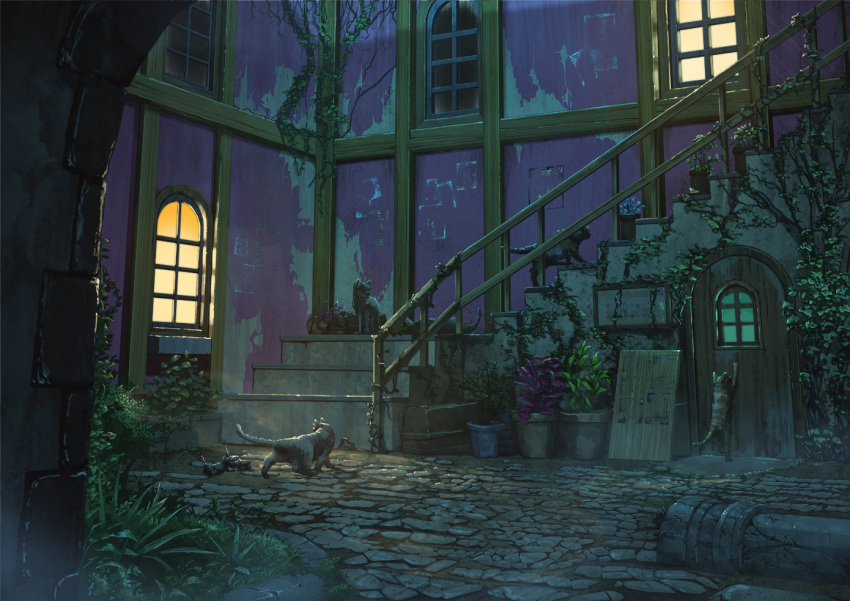 aruken cat commentary_request door grass ivy kitten night no_humans original outdoors plant pot potted_plant railing ruins scenery stairs window