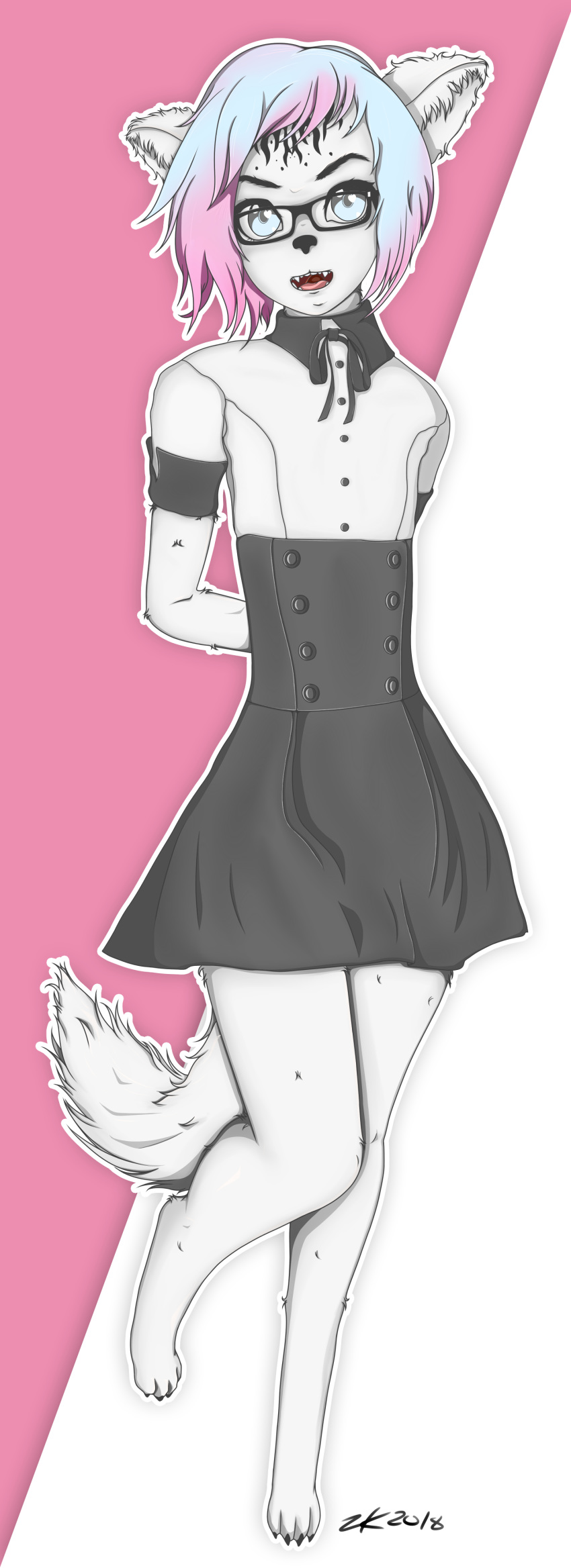 canine clothed clothing dress eyewear fluffy fur glasses invalid_color invalid_tag knowone_(artist) mammal skirt