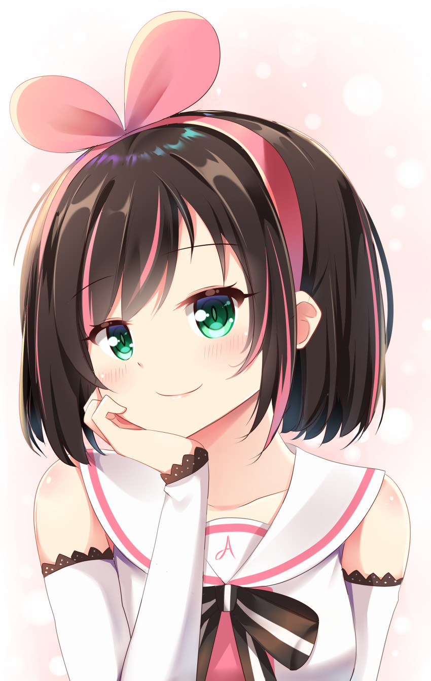 a.i._channel absurdres agung_syaeful_anwar arm_support bangs black_bow blush bow brown_background brown_hair closed_mouth collarbone commentary detached_sleeves eyebrows_visible_through_hair green_eyes hair_ribbon hairband highres kizuna_ai long_sleeves multicolored_hair pink_hair pink_hairband pink_ribbon ribbon sailor_collar shirt short_hair sleeveless sleeveless_shirt smile solo streaked_hair striped striped_bow virtual_youtuber white_sailor_collar white_shirt