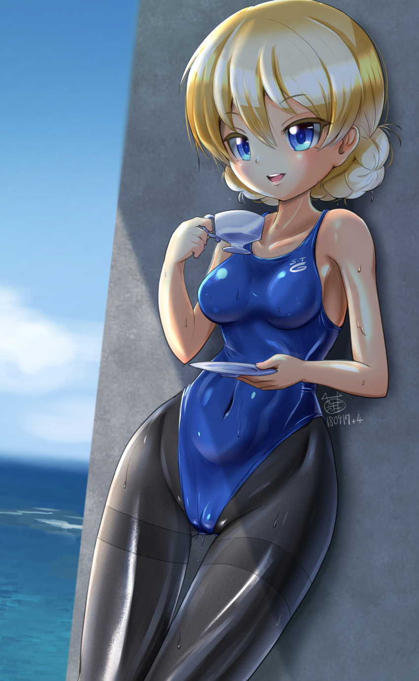 absurdres ass_visible_through_thighs black_legwear blonde_hair blue_eyes blue_swimsuit breasts cameltoe commentary_request competition_swimsuit covered_navel cowboy_shot cup darjeeling girls_und_panzer highres long_hair medium_breasts one-piece_swimsuit pantyhose pantyhose_under_swimsuit saucer solo swimsuit teacup thigh_gap thighband_pantyhose tied_hair zakkin_(zakkinman)