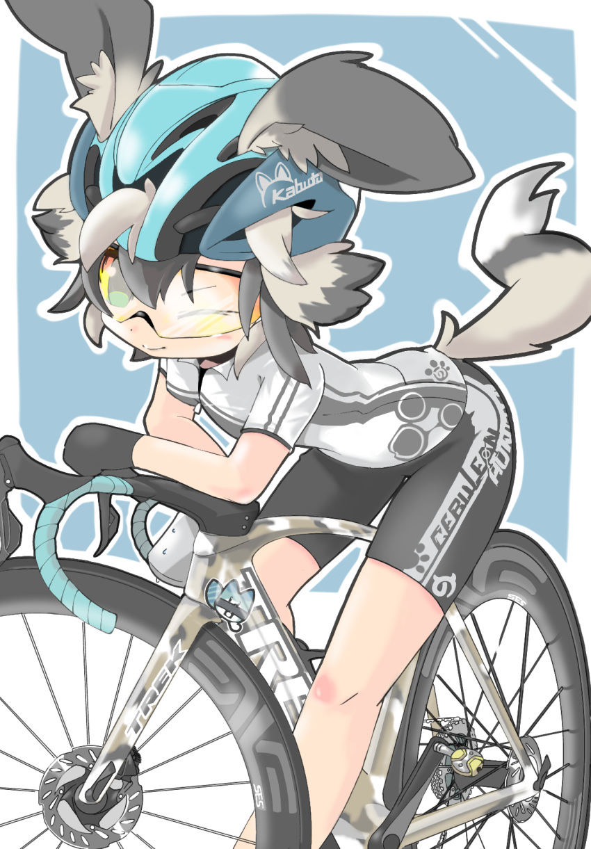 ;) african_wild_dog_(kemono_friends) alternate_costume animal_ears ategon bare_arms bare_legs bicycle bicycle_helmet bike_shorts biker_clothes black_hair closed_mouth commentary_request contemporary dog_ears dog_tail ears_through_headwear gloves green_eyes grey_hair ground_vehicle helmet highres japari_symbol kemono_friends leaning_forward leaning_on_object looking_at_viewer lucky_beast_(kemono_friends) multicolored_hair one_eye_closed shirt short_sleeves smile solo sportswear standing sticker tail two-tone_hair