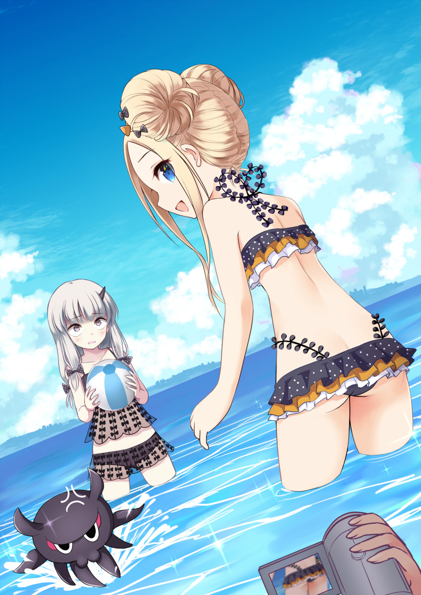 :d abigail_williams_(fate/grand_order) anger_vein animal ass ball bangs bare_arms bare_shoulders beachball bikini black_bikini black_bow blonde_hair blue_eyes blue_sky blush bow brown_eyes camcorder cloud cloudy_sky commentary_request day double_bun emerald_float eyebrows_visible_through_hair fate/grand_order fate_(series) fingernails hair_bow highres holding holding_ball horn kamekichi_(kamekiti) lavinia_whateley_(fate/grand_order) long_hair looking_at_viewer looking_back multiple_girls ocean octopus open_mouth orange_bow out_of_frame outdoors parted_bangs polka_dot polka_dot_bow see-through side_bun sidelocks silver_hair sky smile standing swimsuit tokitarou_(fate/grand_order) wading water