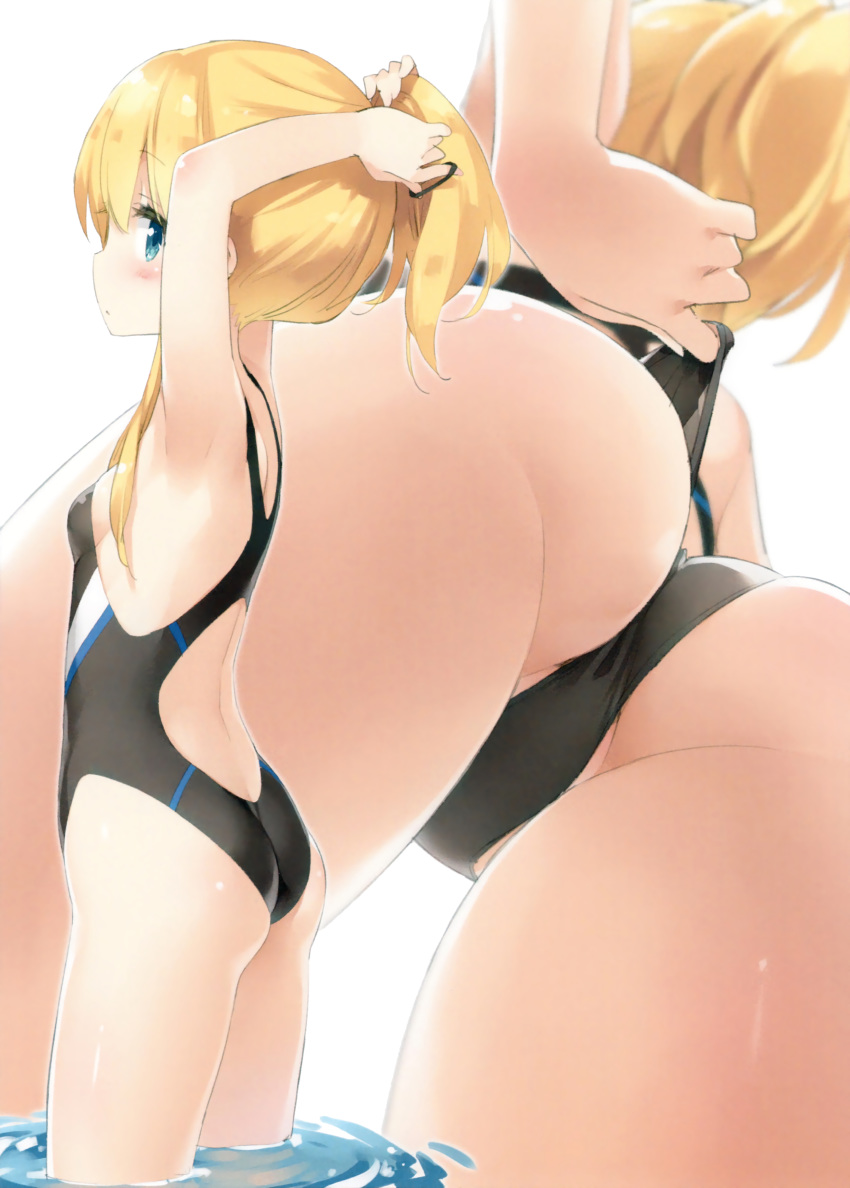 absurdres adjusting_clothes adjusting_swimsuit alternate_hairstyle armpits arms_up ass bare_legs bare_shoulders black_swimsuit blonde_hair blue_eyes blurry blush breasts bunching_hair competition_swimsuit cowboy_shot cropped depth_of_field from_below from_side hair_between_eyes hair_tie highres looking_at_viewer looking_to_the_side mtu_virus multiple_views one-piece_swimsuit original partially_visible_vulva peko ponytail profile scan shimotsuki_potofu sidelocks simple_background small_breasts swimsuit thighs tying_hair wading white_background