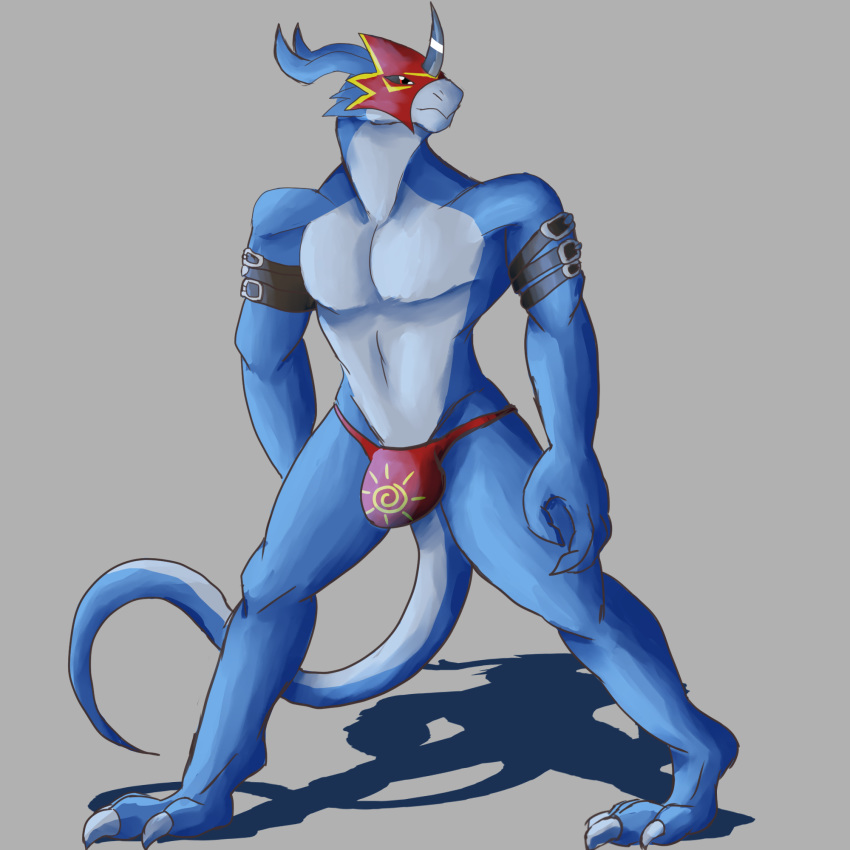 anthro bulge clothed clothing daikuhiroshiama digimon flamedramon hi_res horn male muscular muscular_male scalie solo speedo swimsuit topless