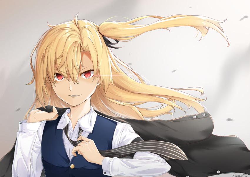 alternate_costume azur_lane bangs black_ribbon blonde_hair cleveland_(azur_lane) collared_shirt commentary_request eyebrows_visible_through_hair floating_hair hair_between_eyes highres holding holding_jacket jacket jacket_removed kimidori3_karla long_hair looking_at_viewer loose_necktie necktie one_side_up parted_bangs parted_lips ponytail red_eyes ribbon shirt smile solo striped striped_neckwear vest white_shirt wind wind_lift