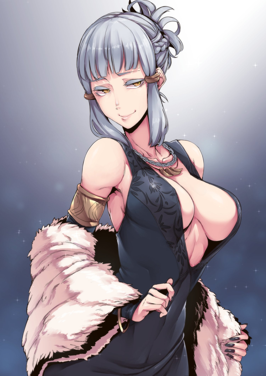 bare_shoulders braid breasts commentary_request dress fate/grand_order fate_(series) french_braid fur_coat highres jewelry large_breasts nakamura_regura necklace penthesilea_(fate/grand_order) shining_skyscrapers sidelocks silver_hair smile upper_body yellow_eyes