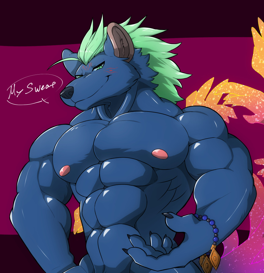 anthro blue_fur fur green_hair hair hi_res looking_at_viewer male mohawk muscular muscular_male nipples nude nyarlathotep_(tokyo_afterschool_summoners) oyabin1124 pecs smile solo tokyo_afterschool_summoners