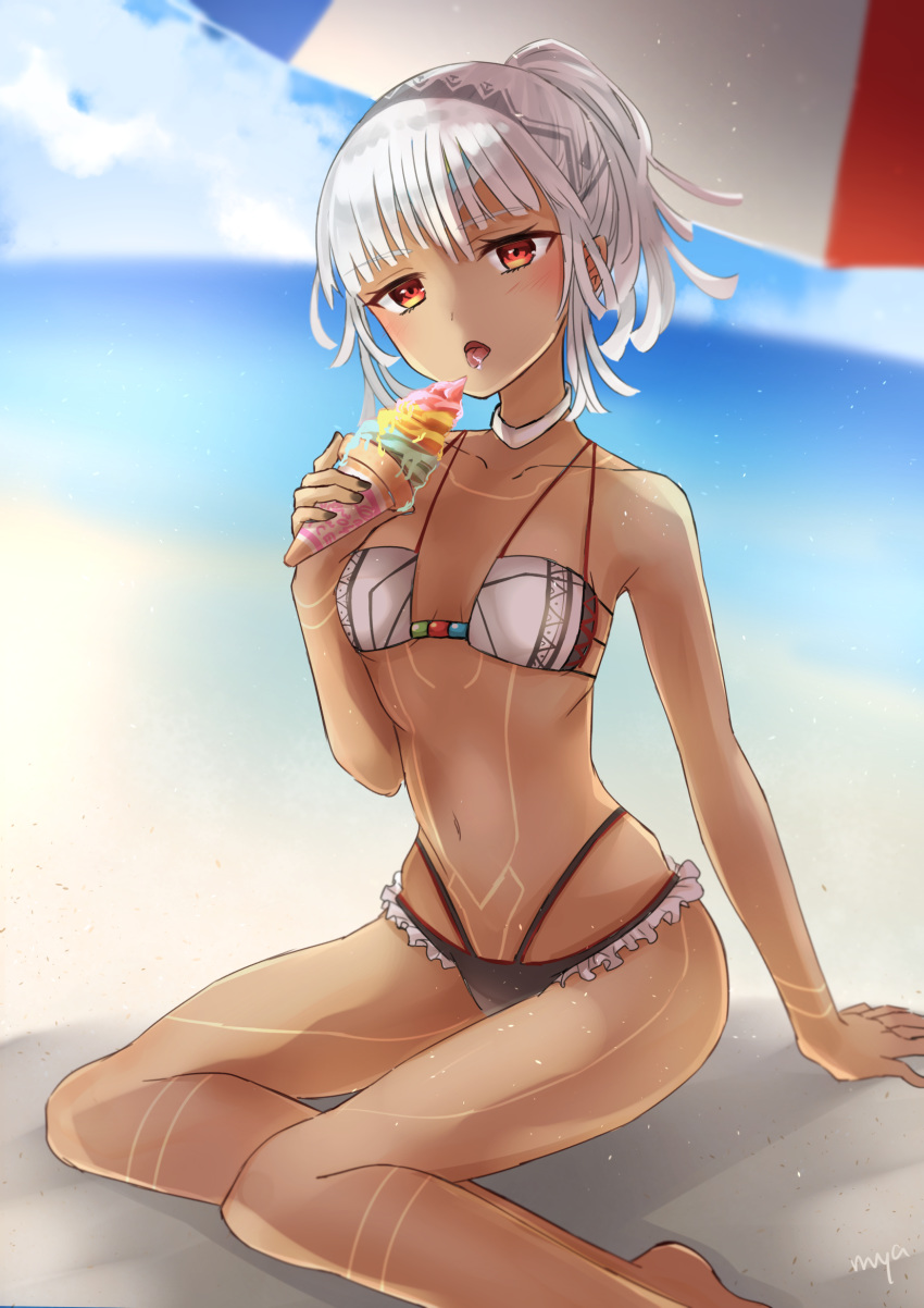 altera_(fate) bangs bare_arms bare_legs bare_shoulders beach beach_umbrella bikini black_bikini_bottom black_nails blue_sky blunt_bangs breasts choker cleavage cloud collarbone commentary_request dark_skin day eyebrows_visible_through_hair fate/grand_order fate_(series) feet_out_of_frame fingernails food full_body_tattoo headdress highres hiyoko_biimu holding holding_food ice_cream ice_cream_cone legs looking_at_viewer nail_polish navel ocean open_mouth red_eyes sand short_hair sitting sky small_breasts solo stomach swimsuit tan tattoo thighs tied_hair tongue tongue_out umbrella veil white_hair