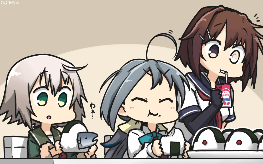ahoge blue_sailor_collar bodysuit bow bowtie brown_hair closed_eyes commentary dated eating elbow_gloves food fur-trimmed_sleeves fur_trim furutaka_(kantai_collection) gloves glowing glowing_eye green_eyes grey_hair hair_between_eyes hair_ornament hairclip halterneck hamu_koutarou heterochromia highres jacket kantai_collection kiyoshimo_(kantai_collection) long_sleeves low_twintails multiple_girls neck_ribbon neckerchief onigiri open_mouth red_neckwear red_ribbon remodel_(kantai_collection) ribbon sailor_collar school_uniform serafuku shimushu_(kantai_collection) shirt short_hair single_elbow_glove tareme twintails upper_body white_shirt