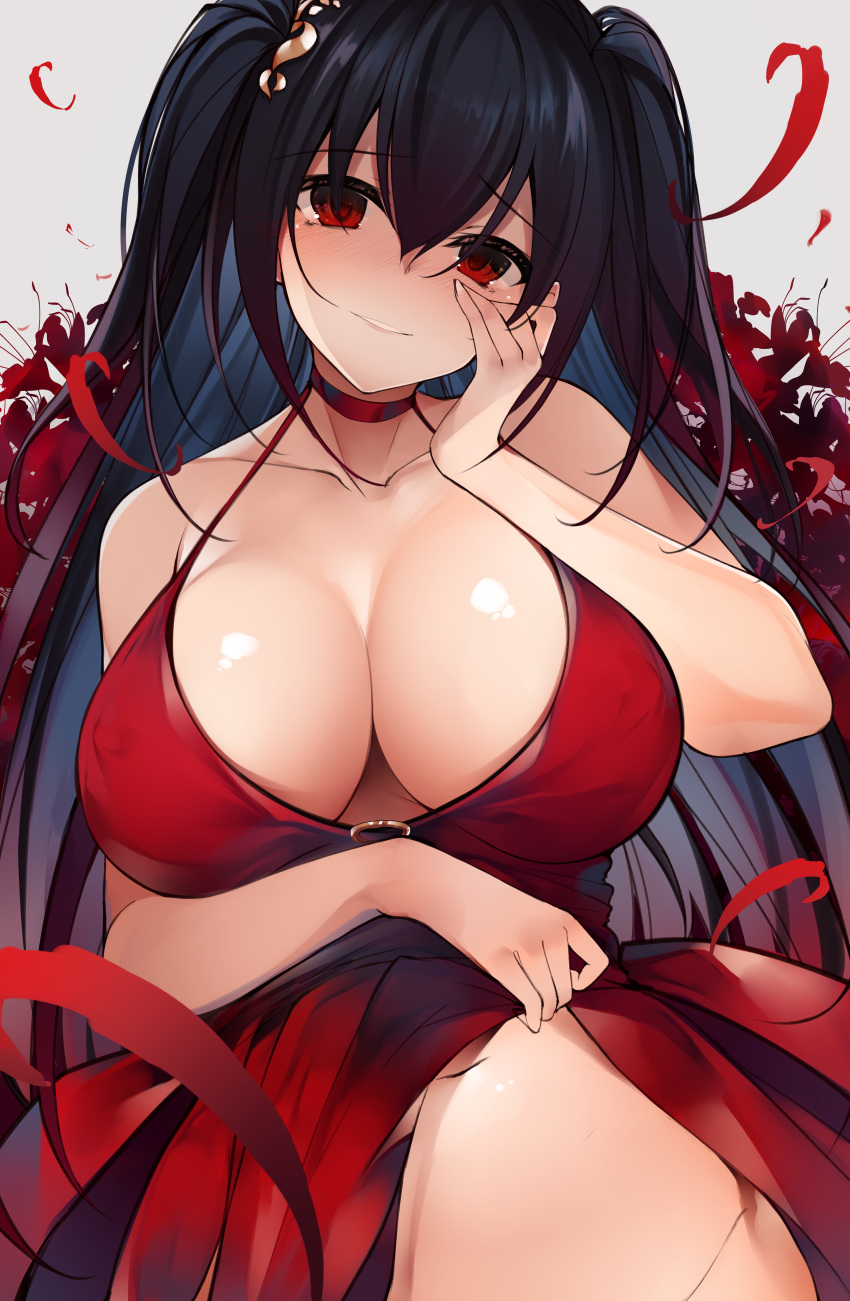 absurdres azur_lane bad_revision bangs bare_shoulders black_hair blush breasts choker cleavage cocktail_dress collarbone commentary downscaled_revision dress dress_lift flower grey_background grin hair_between_eyes hair_ornament hand_on_own_cheek highres hips large_breasts long_hair looking_at_viewer md5_mismatch navel netarou petals red_choker red_dress red_eyes smile solo taihou_(azur_lane) twintails very_long_hair