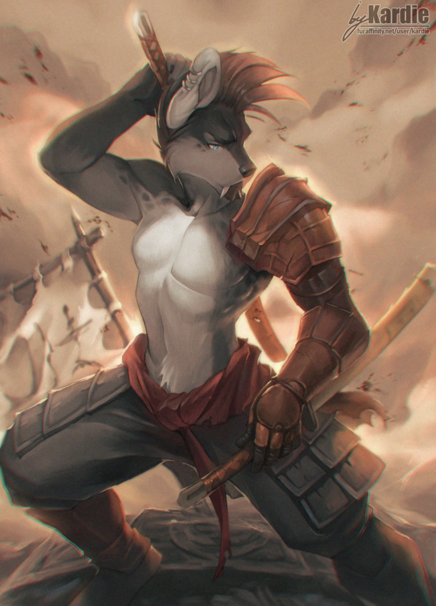 2018 anthro blue_eyes canine clothed clothing day detailed_background digital_media_(artwork) holding_object holding_weapon kardie male mammal outside solo topless weapon wolf