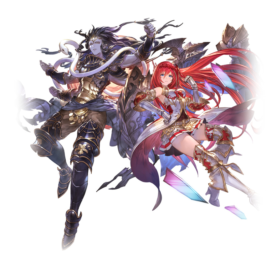1girl armor black_eyes black_hair blue_eyes boots expressionless full_body gloves godguard_brodia granblue_fantasy highres long_hair multiple_arms non-web_source official_art purple_skin red_eyes red_hair ribbon shiva_(granblue_fantasy) skirt snake transparent_background