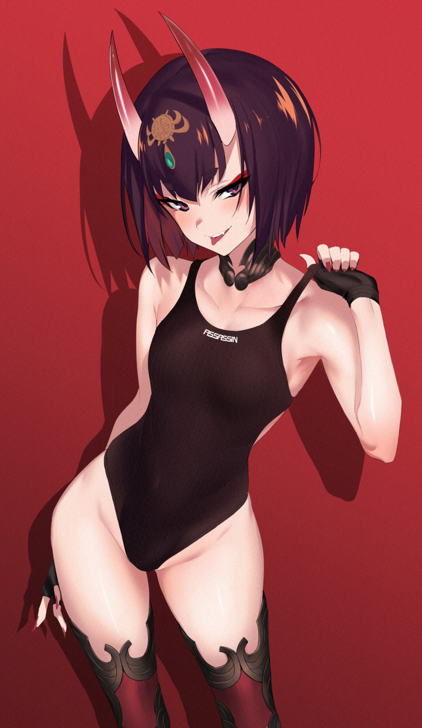 bangs black_gloves black_legwear black_swimsuit blush bob_cut breasts collarbone commentary_request competition_swimsuit covered_navel detached_collar eyeliner fang fate/grand_order fate_(series) fingerless_gloves gloves gradient gradient_background headpiece highleg highleg_swimsuit highres hips looking_at_viewer makeup nail_polish one-piece_swimsuit oni_horns open_mouth pink_nails purple_eyes purple_hair red_background shadow short_eyebrows short_hair shuten_douji_(fate/grand_order) small_breasts smile solo strap_pull swimsuit thighs tongue tongue_out ulrich_(tagaragakuin)