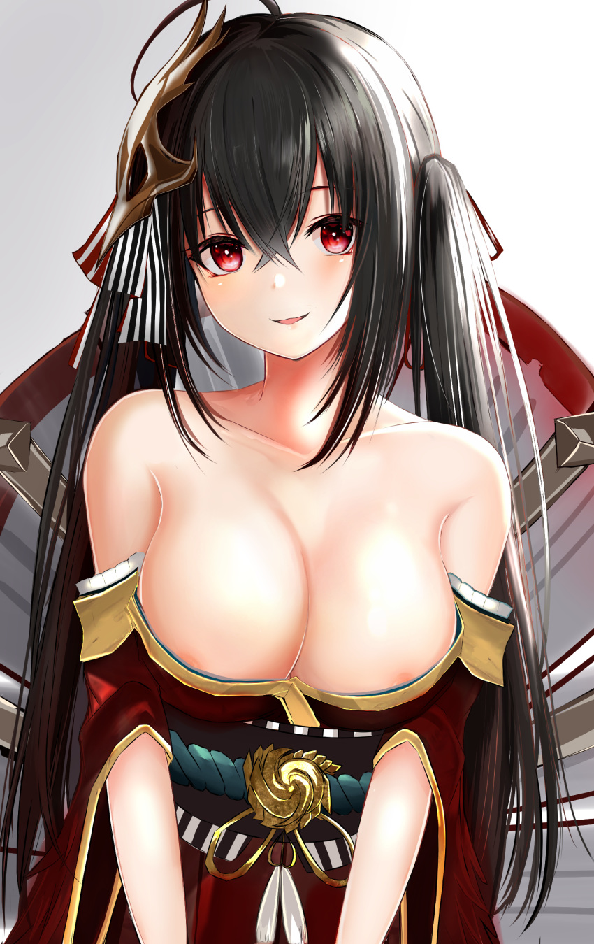 :d absurdres ahoge areola_slip areolae azur_lane bangs bare_shoulders black_hair blush breasts cleavage collarbone commentary crossed_bangs eyebrows_visible_through_hair hair_between_eyes hair_ornament head_tilt highres huge_breasts large_breasts long_hair looking_at_viewer obi open_mouth red_eyes ria_(riarea00) sash sidelocks smile solo taihou_(azur_lane) twintails very_long_hair wide_sleeves