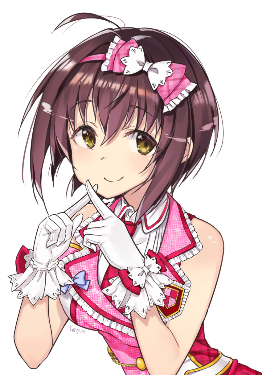 ahoge bad_id bad_pixiv_id bangs bare_shoulders blush bow breasts brown_eyes brown_hair collared_shirt commentary crossed_fingers eyebrows_visible_through_hair frilled_bow frills gloves goyain hair_between_eyes hair_bow hair_intakes highres idolmaster idolmaster_cinderella_girls idolmaster_cinderella_girls_starlight_stage kohinata_miho medium_breasts necktie pink_bow pink_check_school pink_vest plaid plaid_bow plaid_neckwear red_bow red_neckwear shirt signature simple_background solo vest white_background white_gloves white_shirt