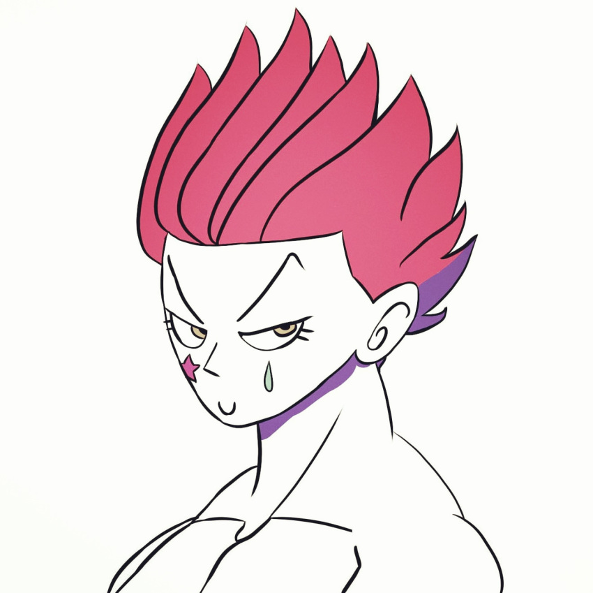 facial_tattoo forehead half-closed_eyes highres hisoka_(hunter_x_hunter) hunter_x_hunter looking_at_viewer male_focus muscle neck red_hair sanpaku shirtless smile smirk solo spiked_hair spot_color tattoo upper_body v-shaped_eyebrows white_skin yellow_eyes zainn-art