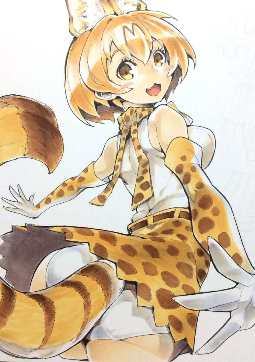 :3 :d absurdres animal_ears ass belt black_belt blonde_hair blush_stickers bow bowtie breasts brown_belt commentary cowboy_shot cropped_legs elbow_gloves extra_ears eyebrows_visible_through_hair fang foreshortening from_behind gloves high-waist_skirt highres kemono_friends kuma_(jk0073) large_breasts looking_at_viewer looking_back open_mouth panties pantyshot pantyshot_(standing) print_gloves print_neckwear print_skirt serval_(kemono_friends) serval_ears serval_girl serval_print serval_tail shirt shirt_tucked_in skirt sleeveless sleeveless_shirt smile solo standing striped_tail tail underwear upskirt white_panties white_shirt yellow_eyes