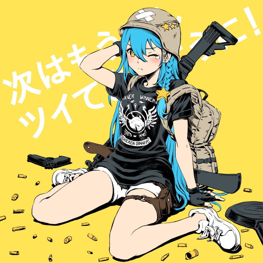 ;( arm_at_side arm_up background_text backpack bag black_gloves black_shirt braid brown_eyes character_request clothes_writing commentary_request copyright_request crossed_bandaids frying_pan full_body gloves gun hair_between_eyes hair_ornament handgun helmet highres long_hair looking_at_viewer machete no_socks pistol playerunknown's_battlegrounds pouch shell_casing shirt short_shorts short_sleeves shorts side_braid sitting solo star star_hair_ornament star_print straight_hair symbol-shaped_pupils teardrop thigh_pouch translation_request ume_(yume_uta_da) v-shaped_eyebrows very_long_hair virtual_youtuber wariza weapon weapon_on_back weapon_request white_footwear white_shorts yellow_background