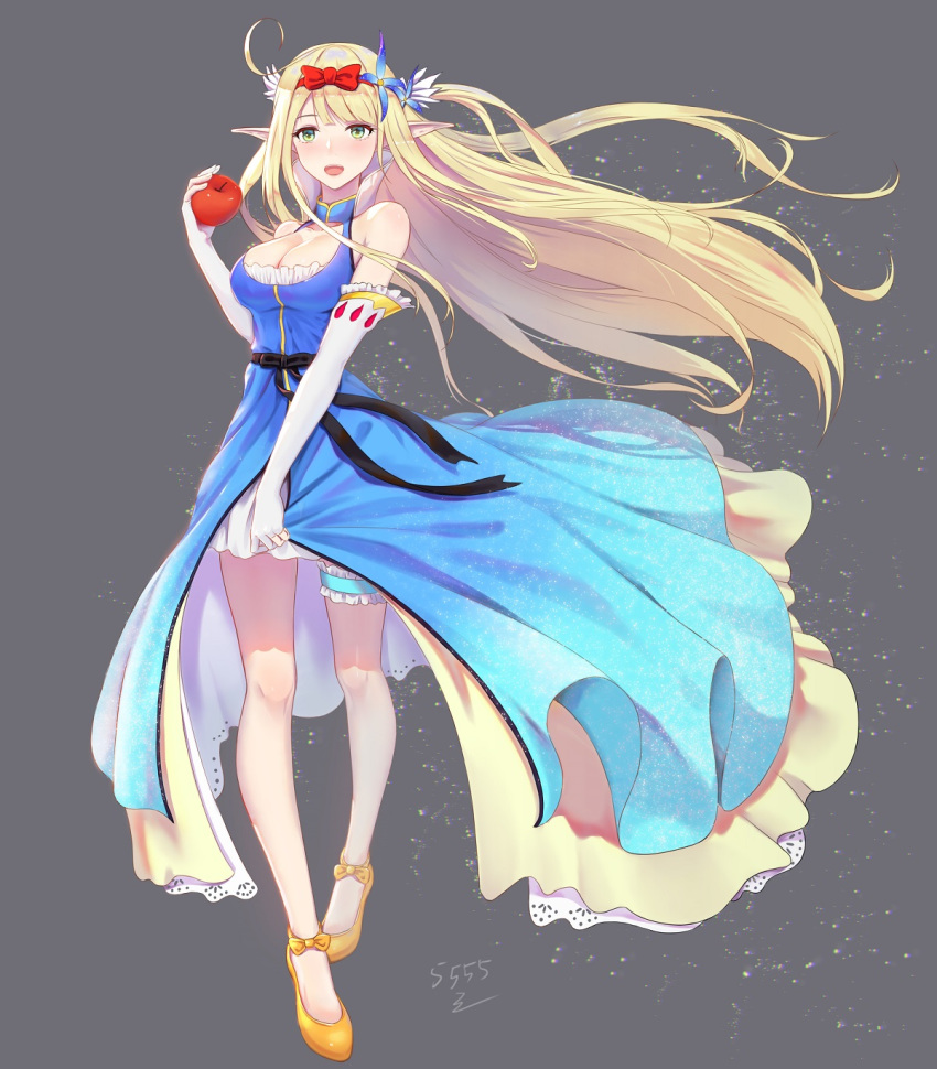 5555_96 alternate_costume apple azur_lane bangs bare_shoulders blonde_hair blue_dress blue_eyes blush bow breasts centaur_(azur_lane) cleavage dress elbow_gloves elf floating_hair food fruit full_body gloves hair_bow hair_ornament highres holding holding_food holding_fruit leg_garter light_particles long_hair looking_at_viewer mary_janes medium_breasts open_mouth orange_footwear pointy_ears red_bow shoes sidelocks signature sleeveless sleeveless_dress smile snow_white solo very_long_hair white_gloves