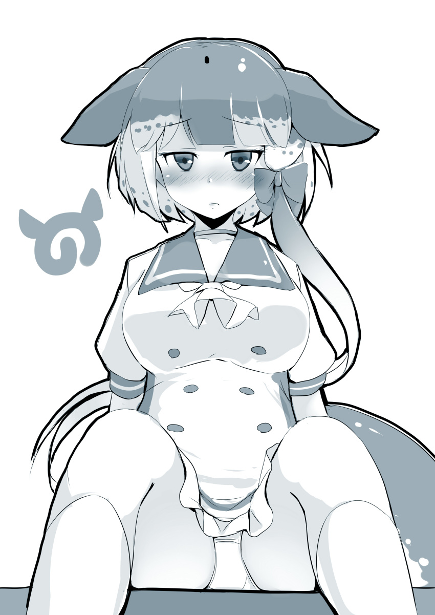 absurdres ascot blush bow dress eyebrows_visible_through_hair frilled_dress frills frown greyscale hair_bow hair_ribbon highres japari_symbol kanzakietc kemono_friends looking_at_viewer monochrome multicolored_hair narwhal_(kemono_friends) narwhal_tail nose_blush panties puffy_short_sleeves puffy_sleeves ribbon sailor_dress short_dress short_hair_with_long_locks short_sleeves simple_background sitting solo tress_ribbon underwear white_background