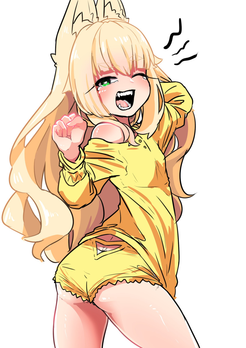 animal_ear_fluff animal_ears arms_up ass clenched_hand commentary_request fangs fox_ears from_behind highres long_hair long_sleeves looking_at_viewer looking_back nightgown no_tail open_mouth original panties romy simple_background sketch sleepwear stretch twisted_torso underwear yawning yellow_panties