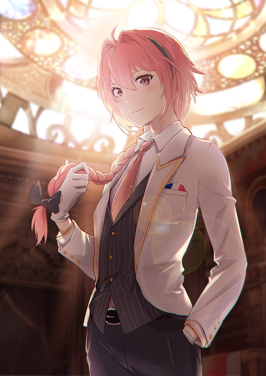 alternate_costume astolfo_(fate) belt belt_buckle bishounen black_bow black_pants black_ribbon black_vest blush bow braid buckle commentary_request fang fate/apocrypha fate_(series) formal french_flag gloves hair_intakes hair_ribbon hand_in_hair hand_in_pocket highres holding jacket long_braid long_hair looking_at_viewer male_focus necktie open_clothes open_jacket pants pink_eyes pink_hair pink_neckwear ribbon shirt single_braid smile solo striped striped_vest suit suit_jacket umumu vest white_gloves white_shirt
