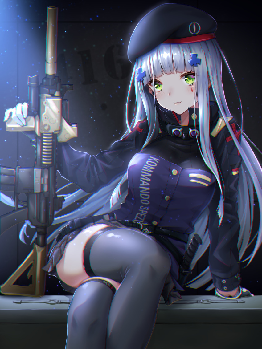 absurdres arm_support assault_rifle bangs belt beret black_legwear blunt_bangs blush breasts character_name combat_knife commentary_request crossed_legs earpiece eyebrows_visible_through_hair facial_mark german german_flag girls_frontline gloves green_eyes grey_legwear gun hair_ornament hat heckler_&amp;_koch highres hk416 hk416_(girls_frontline) holding holding_gun holding_weapon iron_cross jacket knife knife_holster leaning light_particles long_hair looking_at_viewer medium_breasts night parted_lips plaid plaid_skirt rifle silver_hair sitting skirt smile solo teardrop thighhighs toki_(toki_ship8) very_long_hair weapon