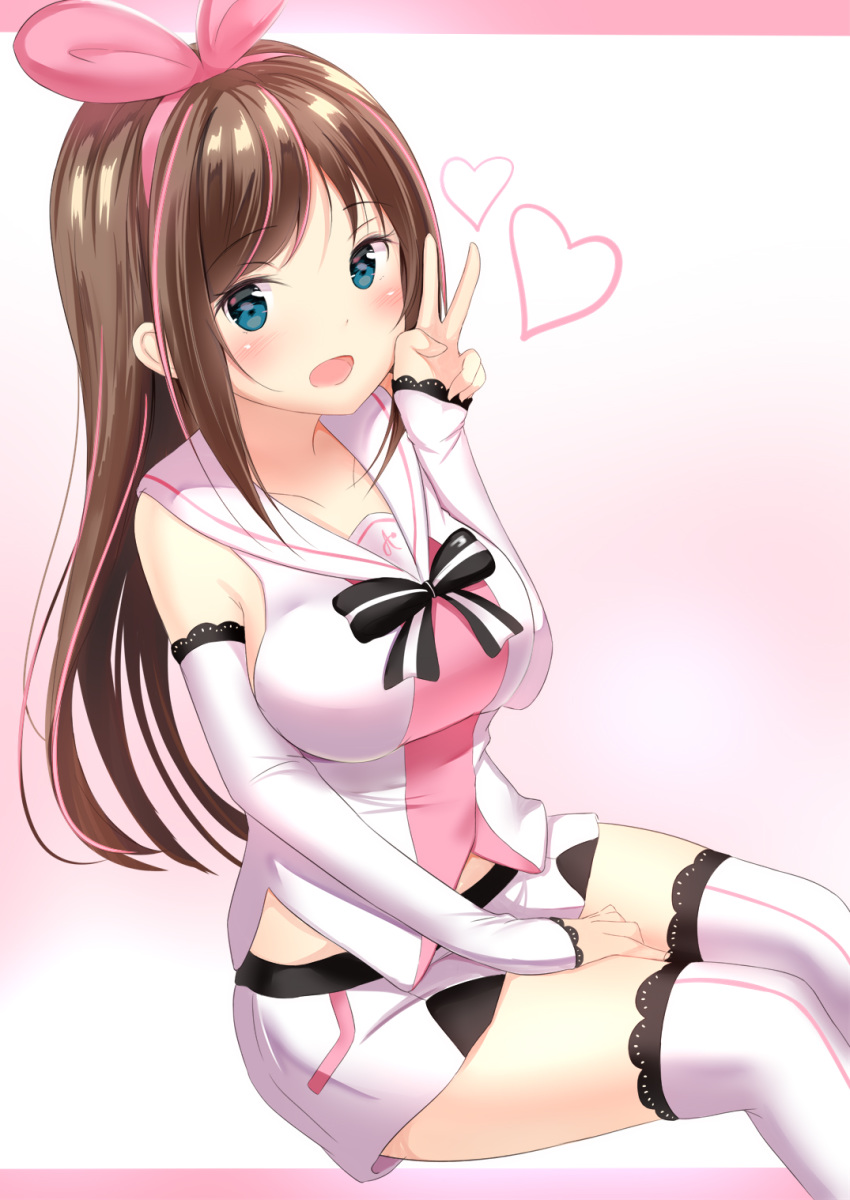 a.i._channel arm_up bangs black_bow blush bow breasts brown_hair commentary_request detached_sleeves eyebrows_visible_through_hair fingernails green_eyes hair_ribbon hairband heart highres kizuna_ai lace lace-trimmed_sleeves lace-trimmed_thighhighs legs_together long_hair long_sleeves looking_at_viewer medium_breasts midriff multicolored_hair open_mouth pink_bow pink_hair pink_hairband pink_ribbon ribbon sailor_collar shirt short_shorts shorts sitting sleeveless sleeveless_shirt sleeves_past_wrists smile solo streaked_hair striped striped_bow thighhighs thighs two-tone_hair v very_long_hair virtual_youtuber white_sailor_collar white_shirt yuano