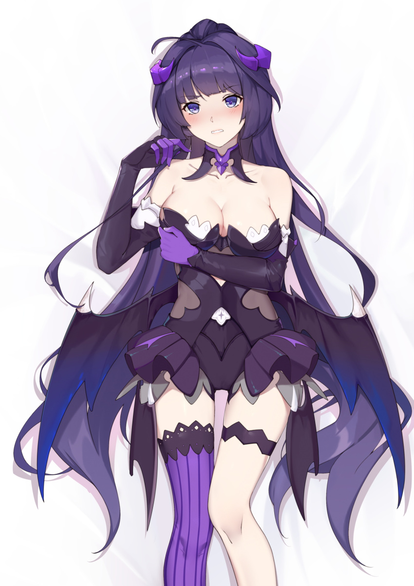 alternate_costume bangs bare_shoulders benghuai_xueyuan black_gloves blush breast_hold breasts chinese_commentary cleavage clenched_teeth commentary_request demon_girl demon_horns demon_wings elbow_gloves gloves highres honkai_impact horns hymxiaocyan long_hair looking_at_viewer medium_breasts purple_eyes purple_hair purple_legwear raiden_mei single_thighhigh slim_legs solo succubus teeth thigh_gap thighhighs white_background wings