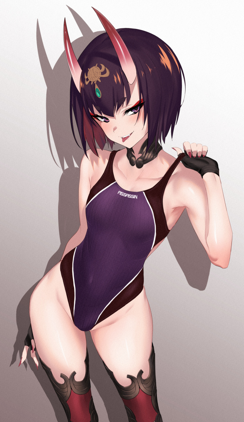 bangs black_gloves black_legwear black_swimsuit blush bob_cut breasts collarbone commentary_request competition_swimsuit covered_navel detached_collar eyeliner fang fate/grand_order fate_(series) fingerless_gloves gloves gradient gradient_background headpiece highleg highleg_swimsuit highres hips looking_at_viewer makeup nail_polish one-piece_swimsuit oni_horns open_mouth pink_nails purple_eyes purple_hair purple_swimsuit shadow short_eyebrows short_hair shuten_douji_(fate/grand_order) small_breasts smile solo strap_pull swimsuit thighs tongue tongue_out two-tone_swimsuit ulrich_(tagaragakuin)