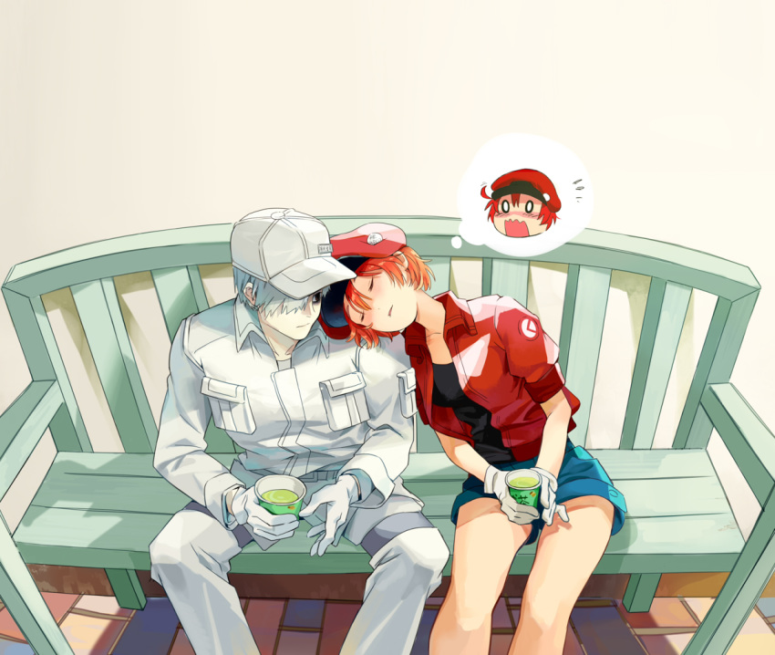 1boy 1girl ae-3803 ahoge bench blush cabbie_hat chinese_commentary closed_eyes commentary couple cup embarrassed flat_cap gloves green_tea hair_over_one_eye hat hataraku_saibou head_on_another's_shoulder jacket long_sleeves o_o pants red_blood_cell_(hataraku_saibou) red_hair short_hair shorts sitting sleeping tea thought_bubble touming_mao u-1146 uniform wavy_mouth white_blood_cell_(hataraku_saibou) white_hair white_skin