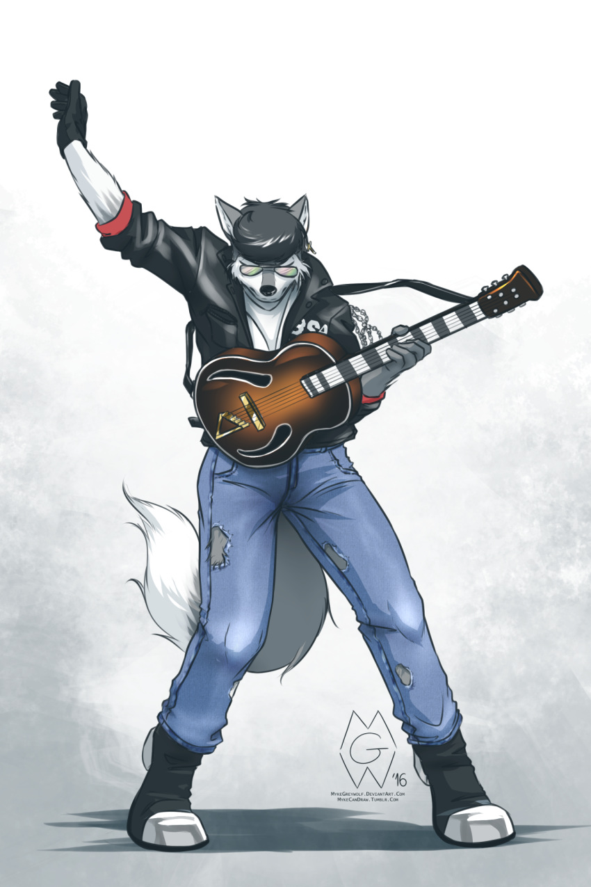 2016 2:3 5_fingers abstract_background anthro black_gloves black_hair black_nose boots canine chain clothed clothing cosplay digital_drawing_(artwork) digital_media_(artwork) dipstick_tail ear_piercing eyes_closed eyewear footwear fully_clothed fur george_michael grey_fur guitar hair hi_res holding_musical_instrument jacket jeans leather leather_jacket male mammal multicolored_tail musical_instrument myke_greywolf_(character) mykegreywolf pants piercing pose raised_arm solo standing sunglasses torn_clothing url wolf