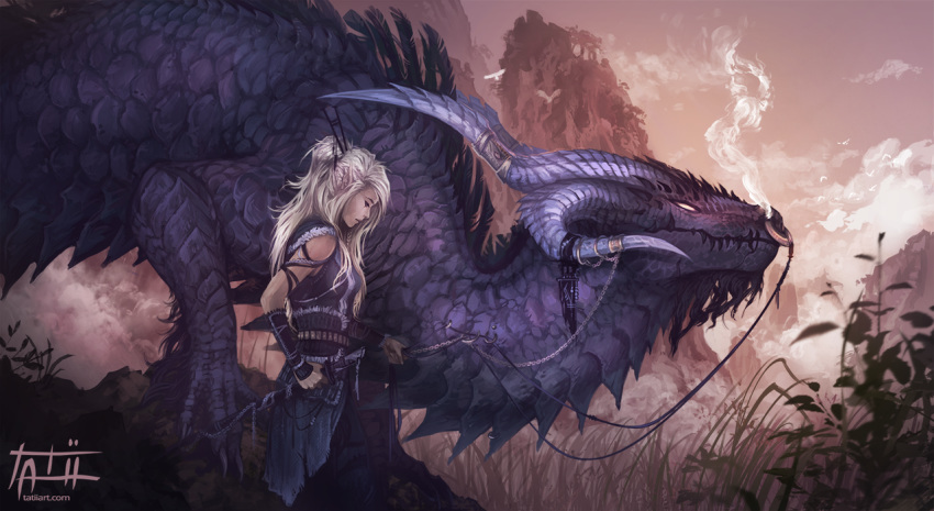 2018 5_fingers ambiguous_gender blonde_hair blue_scales breasts claws clothed clothing day detailed_background digital_media_(artwork) dragon duo eyes_closed female feral fully_clothed hair human humanoid mammal outside scales spines tatiilange