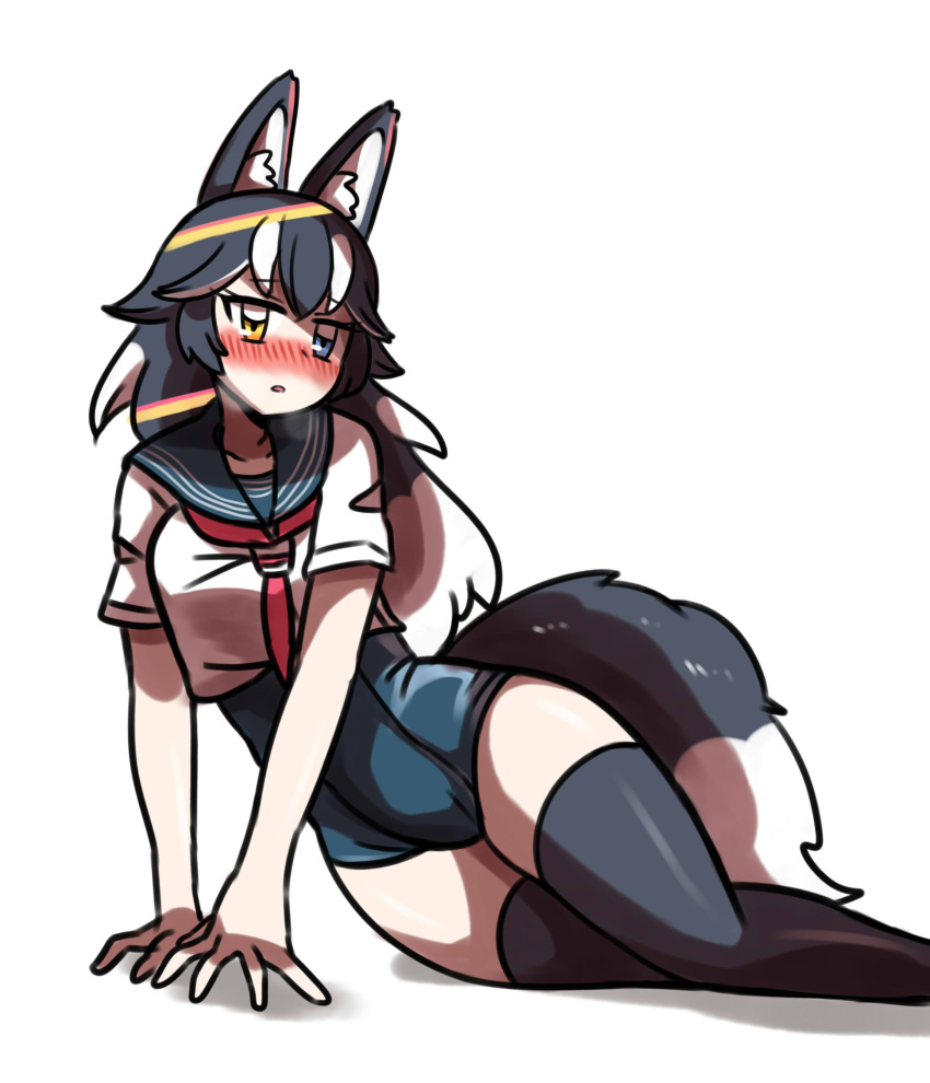 absurdres alternate_costume animal_ears blue_eyes blush commentary_request crop_top embarrassed eyebrows_visible_through_hair grey_hair grey_wolf_(kemono_friends) heterochromia highres kemono_friends long_hair lying mira_shamaliyy multicolored_hair neckerchief nose_blush on_side sailor_collar school_swimsuit school_uniform serafuku short_sleeves solo swimsuit swimsuit_under_clothes tail thighhighs white_hair wolf_ears wolf_tail yellow_eyes zettai_ryouiki