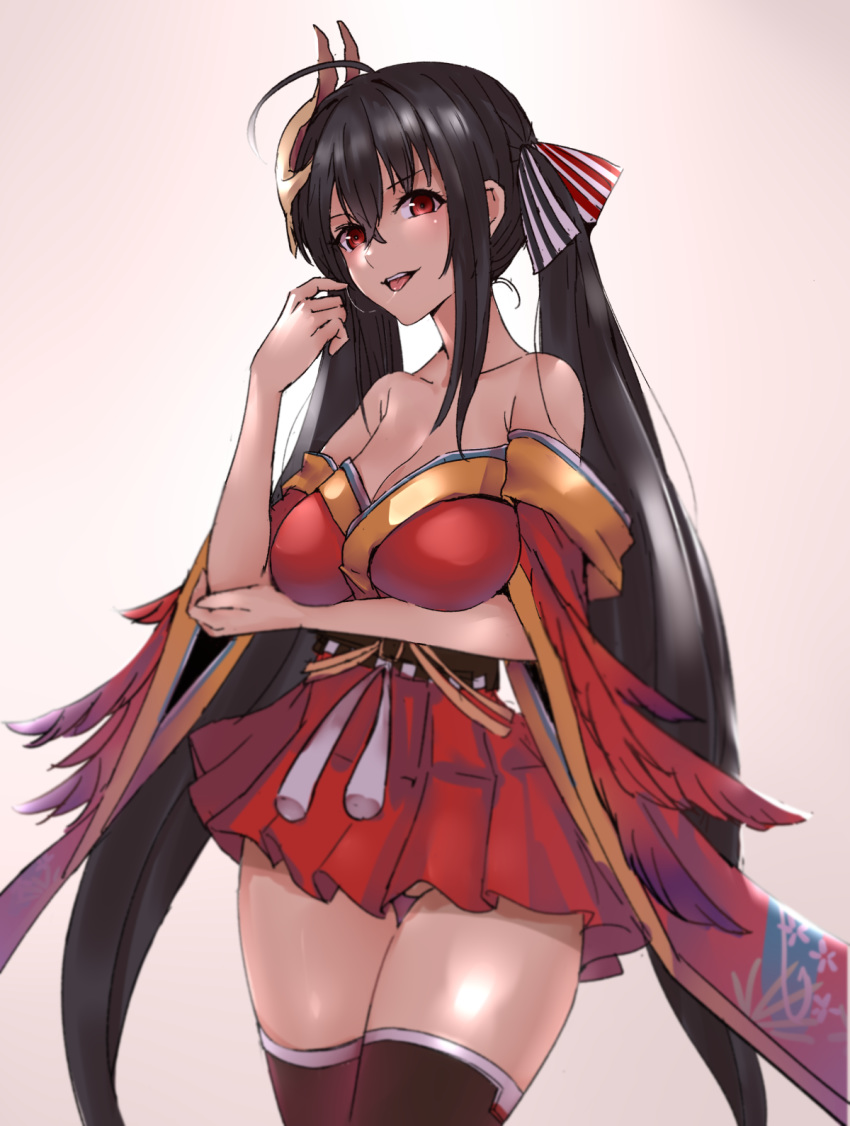 ahoge ass_visible_through_thighs azur_lane bangs bare_shoulders black_hair black_legwear blurry breasts choker cleavage cocktail_dress collarbone commentary_request cowboy_shot depth_of_field dress elbow_on_arm eyebrows_visible_through_hair feather-trimmed_sleeves feather_trim feathers hair_between_eyes hair_ornament hair_ribbon hand_up highres huge_breasts japanese_clothes kimono kz_(kazuma-rising) long_hair looking_at_viewer mask mask_on_head obi off_shoulder partial_commentary pleated_dress red_choker red_dress red_eyes ribbon saliva saliva_trail sash seductive_smile shiny shiny_skin short_dress sidelocks smile solo standing taihou_(azur_lane) teeth thighhighs tongue tongue_out tsurime upper_teeth very_long_hair wide_sleeves